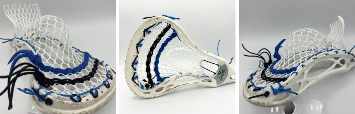 Custom strung Warrior Mojo lacrosse head with Hero 4.0 Semi-Soft mesh featuring a mid-pocket for men's league midfielders.