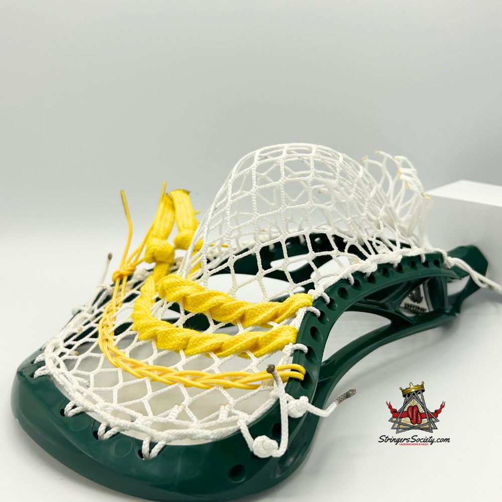 close-up of a vintage brine clutch lacrosse head strung with stringers shack g3 xl lacrosse mesh in a mid-pocket using a classic stringing pattern