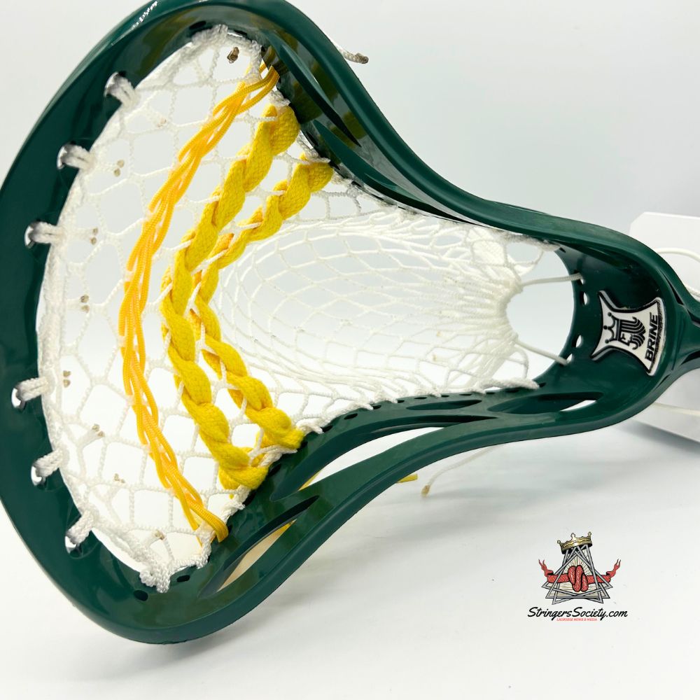 close-up of a vintage brine clutch lacrosse head strung with stringers shack g3 xl lacrosse mesh in a mid-pocket using a classic stringing pattern