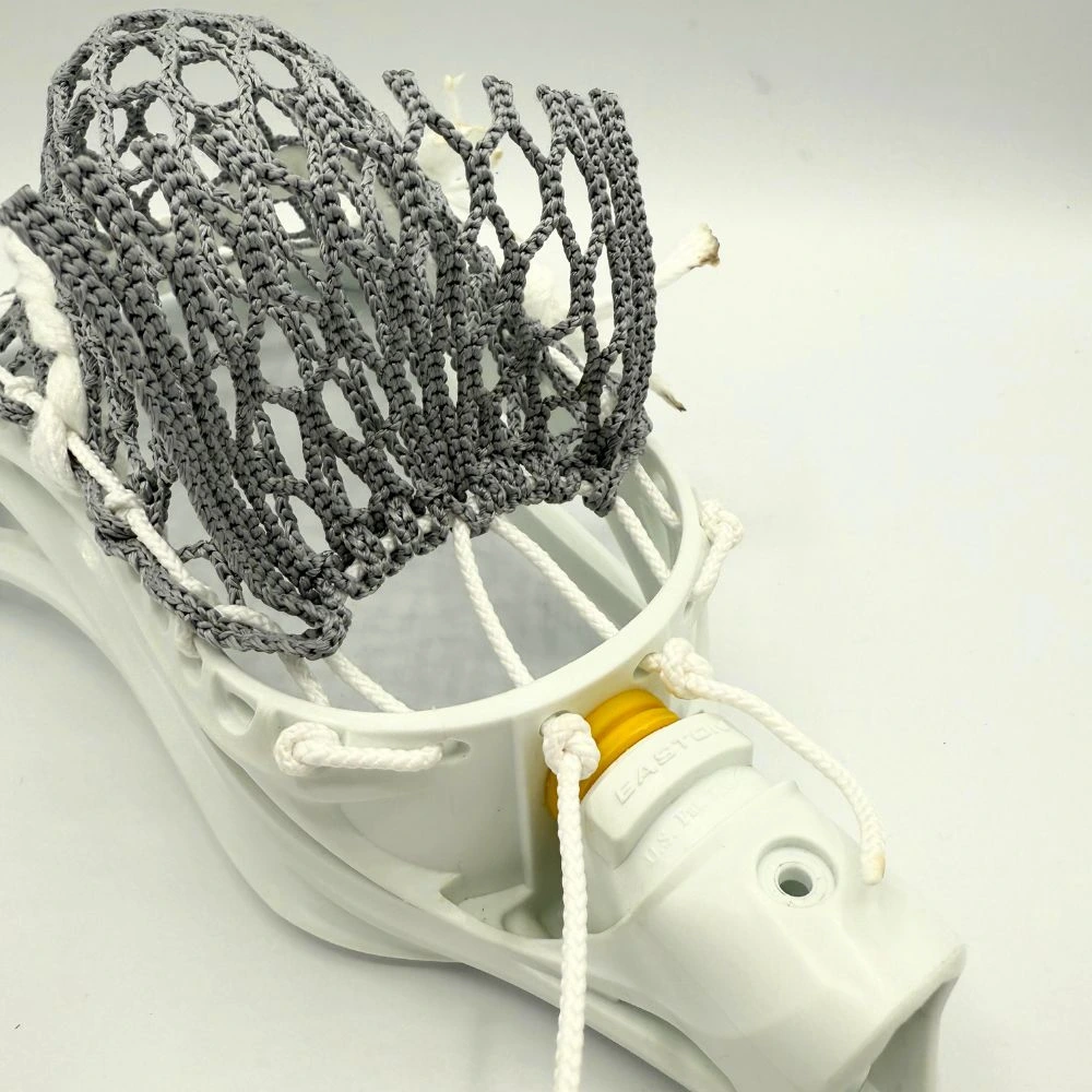 easton launch lacrosse head with grey stringking type 3s lacrosse mesh strung with a mid lacrosse pocket bottom string