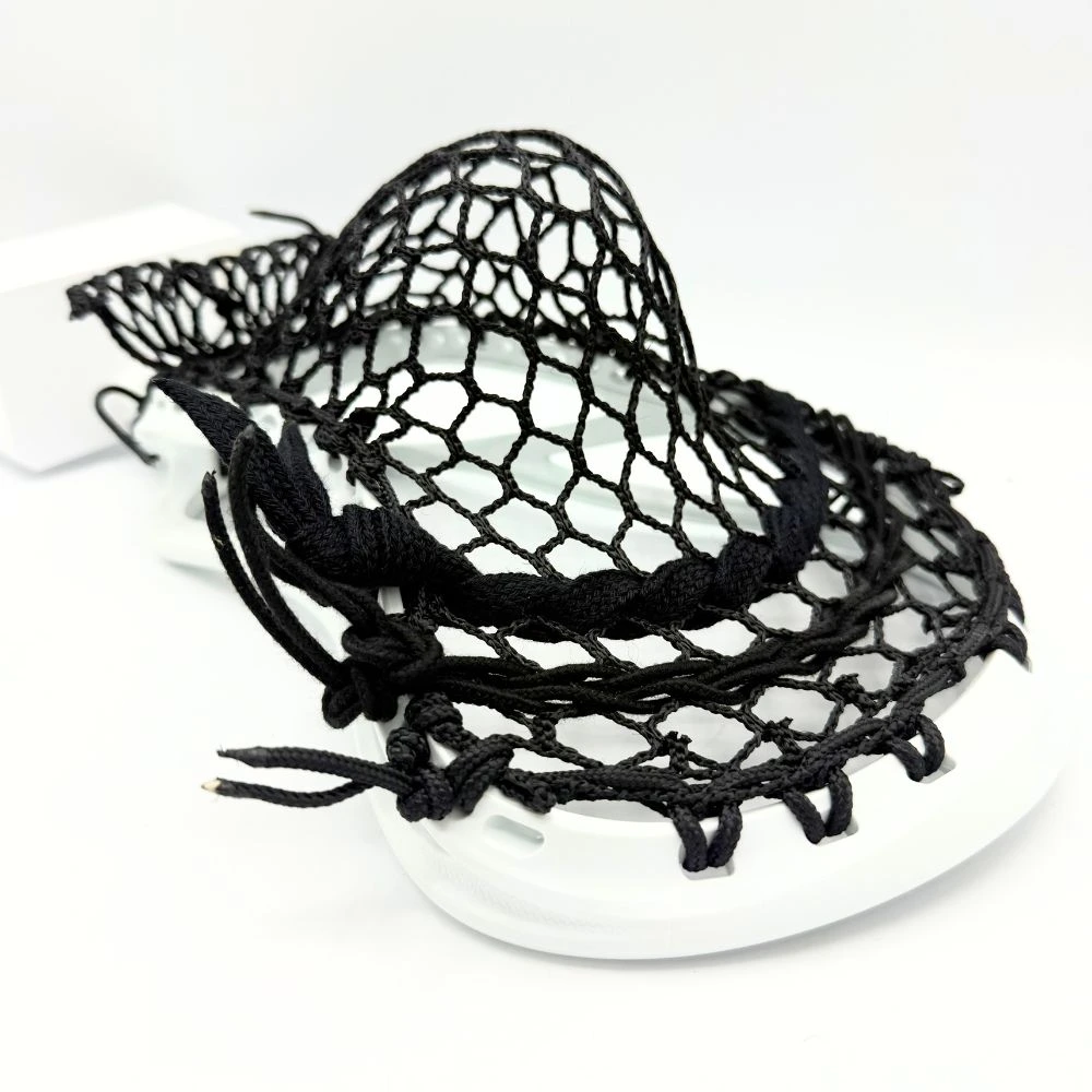 white ecd dna 2.0 head strung with black hero 4.0 mesh, shooters, sidewalls, and nylons in a mid-high pocket for ground ball control and quick clears