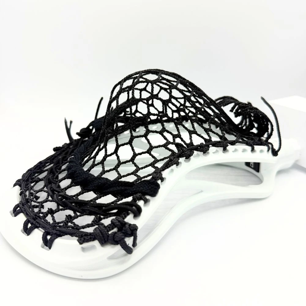lacrosse head setup with white ecd dna 2.0 and black hero 4.0 mesh, designed for defensive middies battling in transition