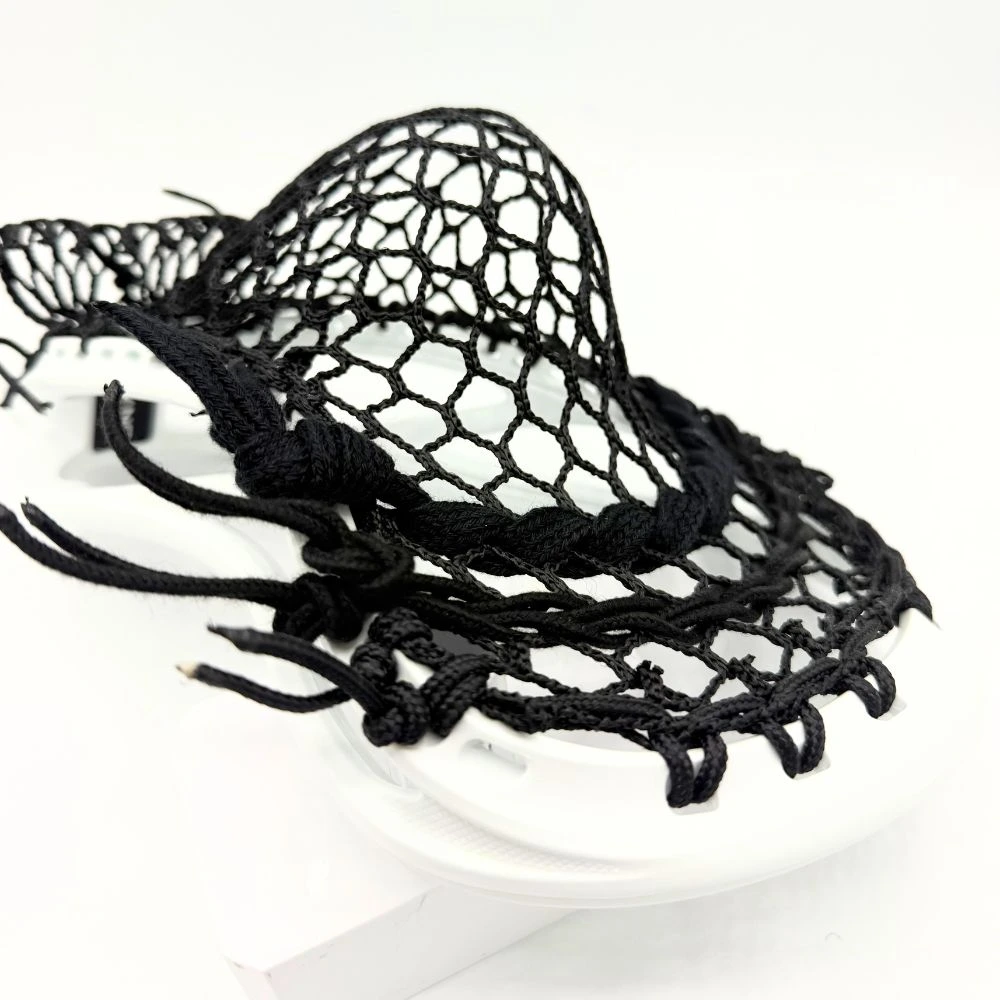 mid-high pocket stringing on white ecd dna 2.0 head with black mesh and shooters, built for defensive midfielders focused on clears and ground balls