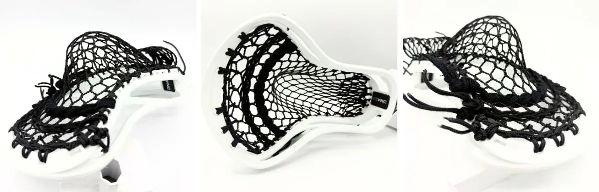 ecd dna 2.0 lacrosse head with hero 4.0 semi soft mesh strung mid-high for defensive midfielders, featuring white head and black mesh components