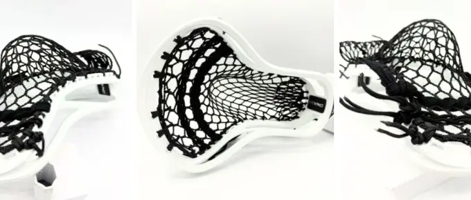 ecd dna 2.0 lacrosse head with hero 4.0 semi soft mesh strung mid-high for defensive midfielders, featuring white head and black mesh components