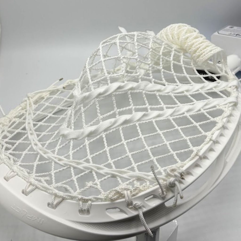 ecd impact goalie pocket with white impact 12d mesh and white shooting strings, view from the scoop