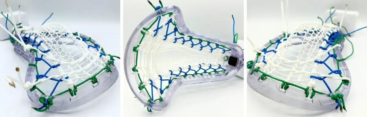 ecd infinity pro women's lacrosse head strung with valkyrie runner, green ht sidewalls, blue ht crosslace, and white ht shooting strings