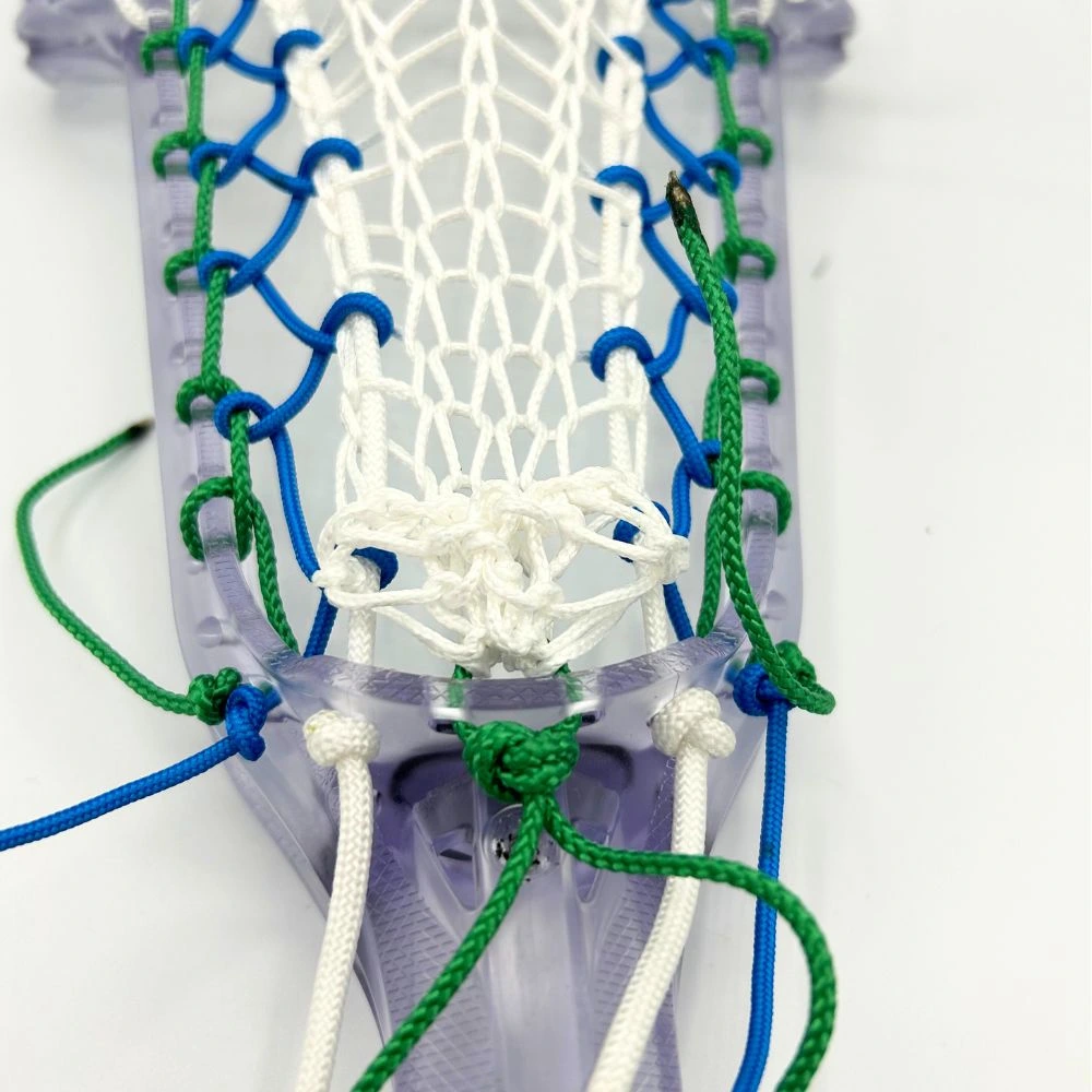 ecd infinity pro women's lacrosse head strung with valkyrie runner, green ht sidewalls, blue ht crosslace, and white ht shooting strings