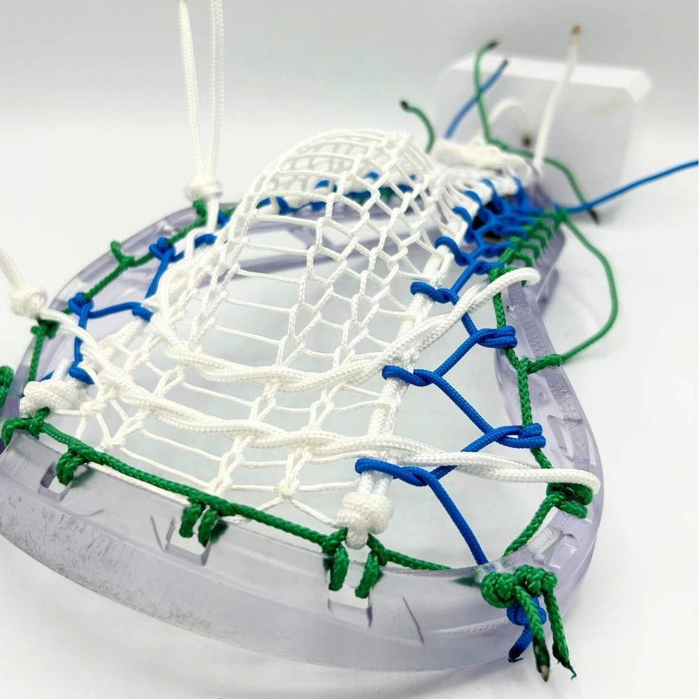 ecd infinity pro women's lacrosse head strung with valkyrie runner, green ht sidewalls, blue ht crosslace, and white ht shooting strings