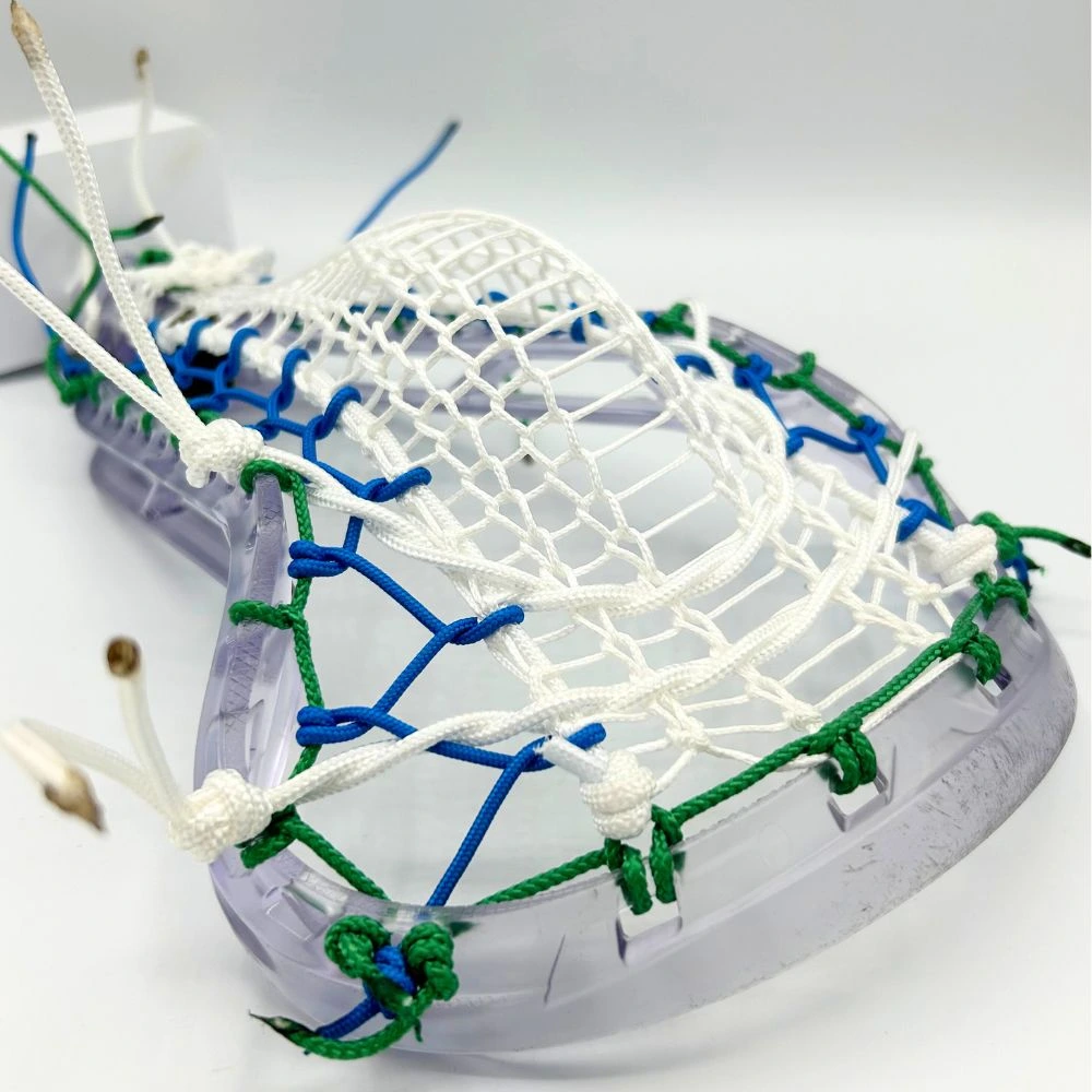 ecd infinity pro women's lacrosse head strung with valkyrie runner, green ht sidewalls, blue ht crosslace, and white ht shooting strings