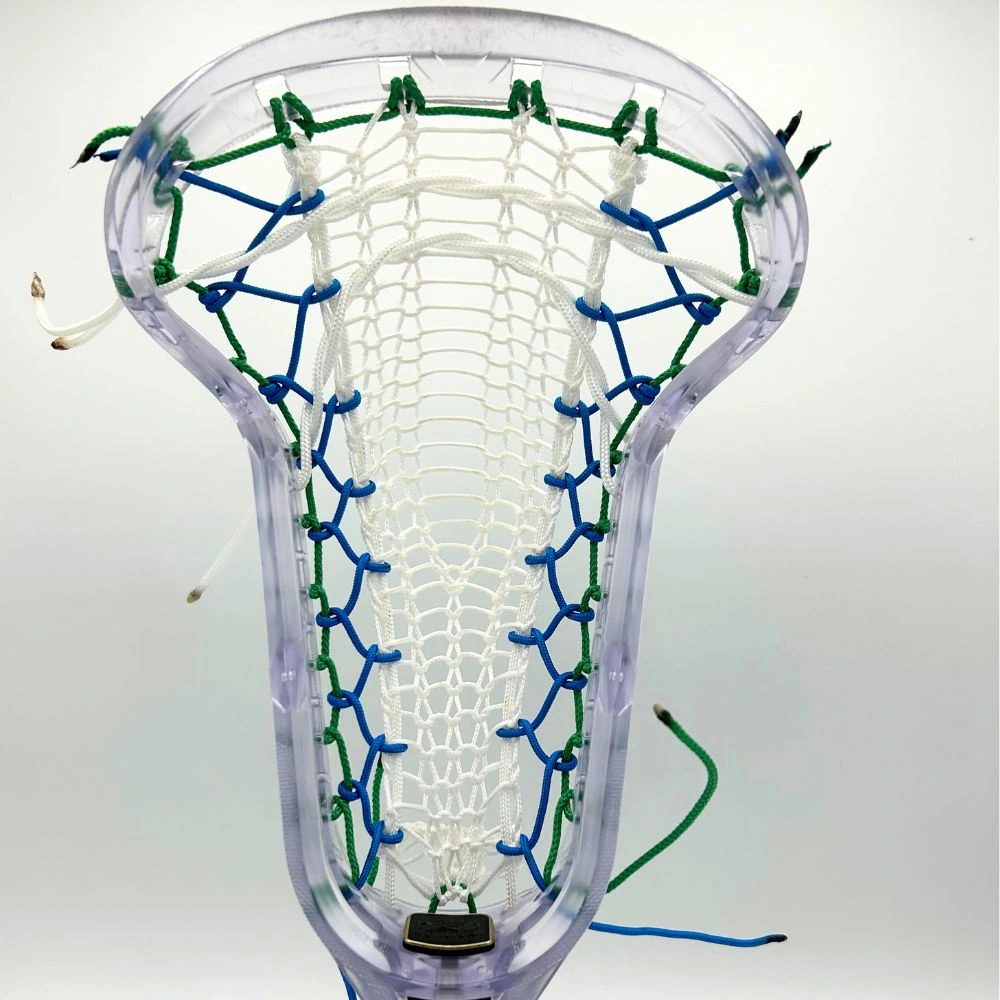ecd infinity pro women's lacrosse head strung with valkyrie runner, green ht sidewalls, blue ht crosslace, and white ht shooting strings