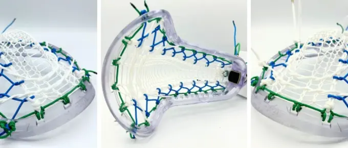 ecd infinity pro women's lacrosse head strung with valkyrie runner, green ht sidewalls, blue ht crosslace, and white ht shooting strings