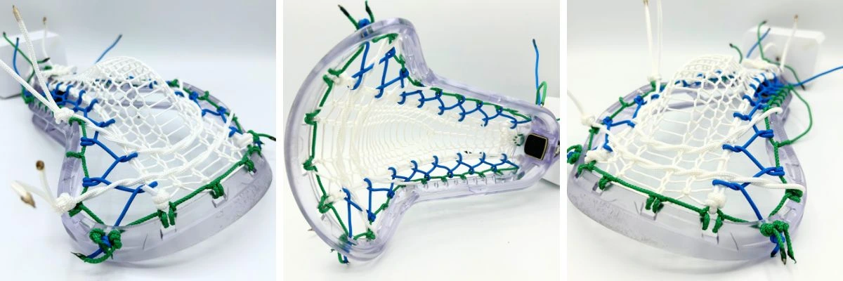 ecd infinity pro women's lacrosse head strung with valkyrie runner, green ht sidewalls, blue ht crosslace, and white ht shooting strings