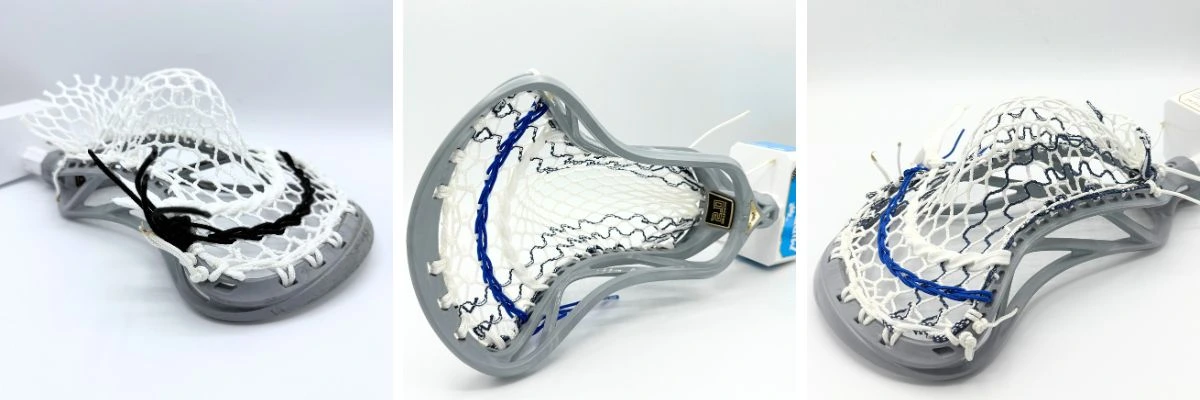 Three lacrosse sticks with different strings.