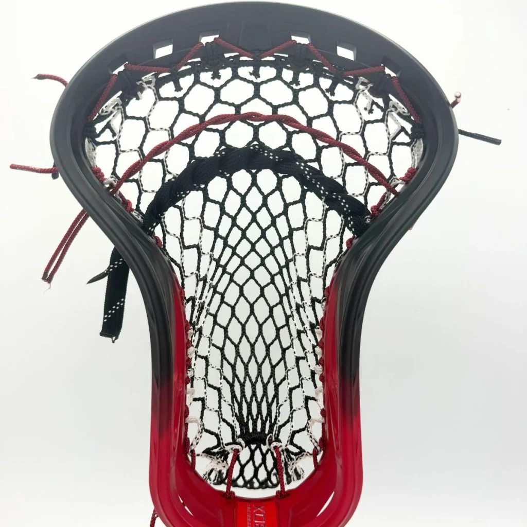 ecd mirage 3.0 box lacrosse head strung with hero 3.0 semisoft mesh in a mid pocket for youth midfielder