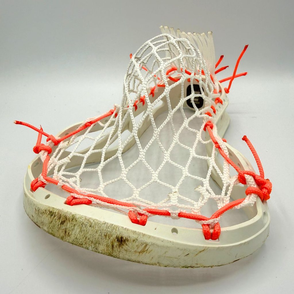 epoch hawk lacrosse head strung with white laxroom 8diamond mesh and neon orange sidewall in a midhigh pocket