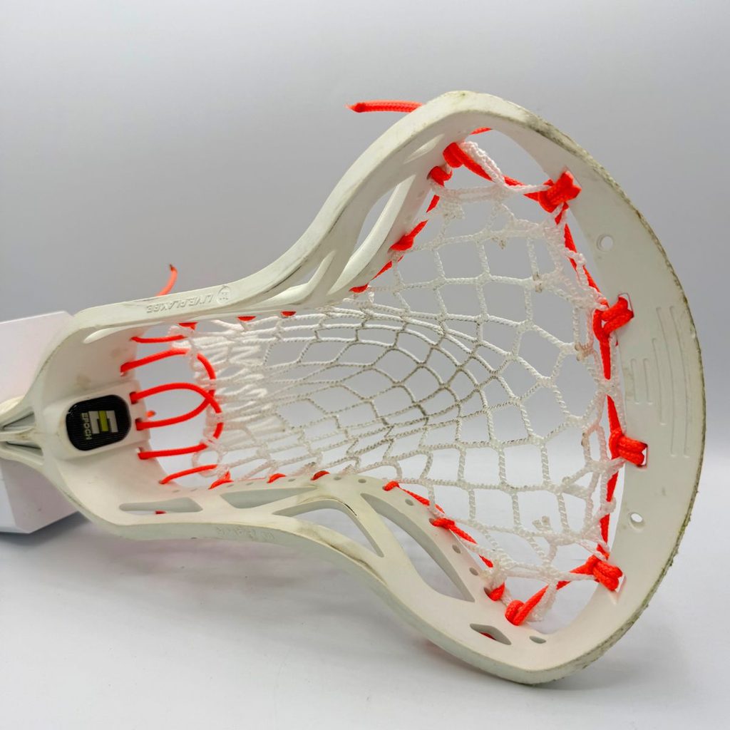 topdown view of epoch hawk head with laxroom 8diamond mesh, neon orange sidewall and epoch throat logo