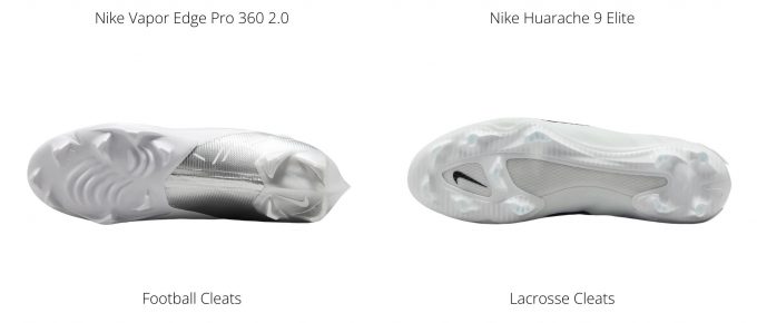 image comparing the key differences between football, lacrosse, and soccer cleats.