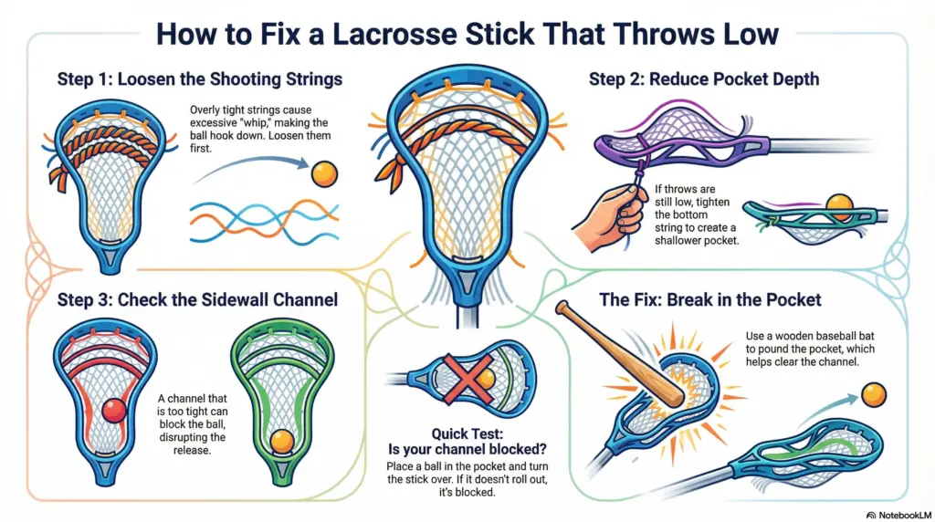 infographic about how to fix a lacrosse pocket thats throwing or shooting low