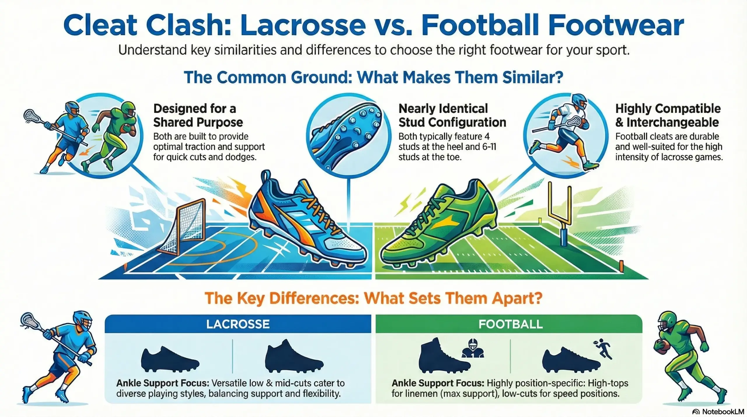 a infographic on the differences between football and lacrosse footwear