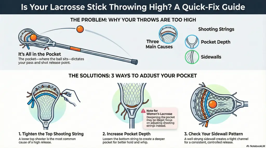a infographic on how to adjust a lacrosse pocket thats throwing high