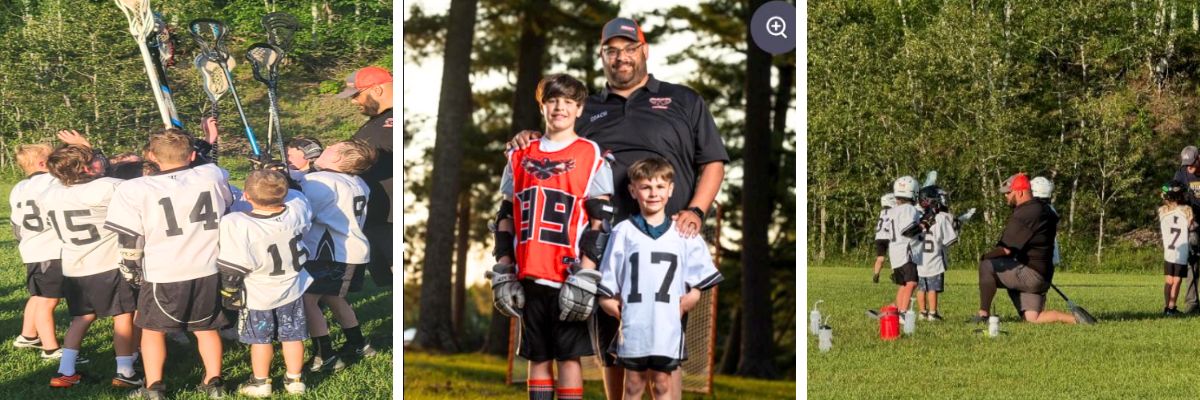 Children playing lacrosse outdoors together.