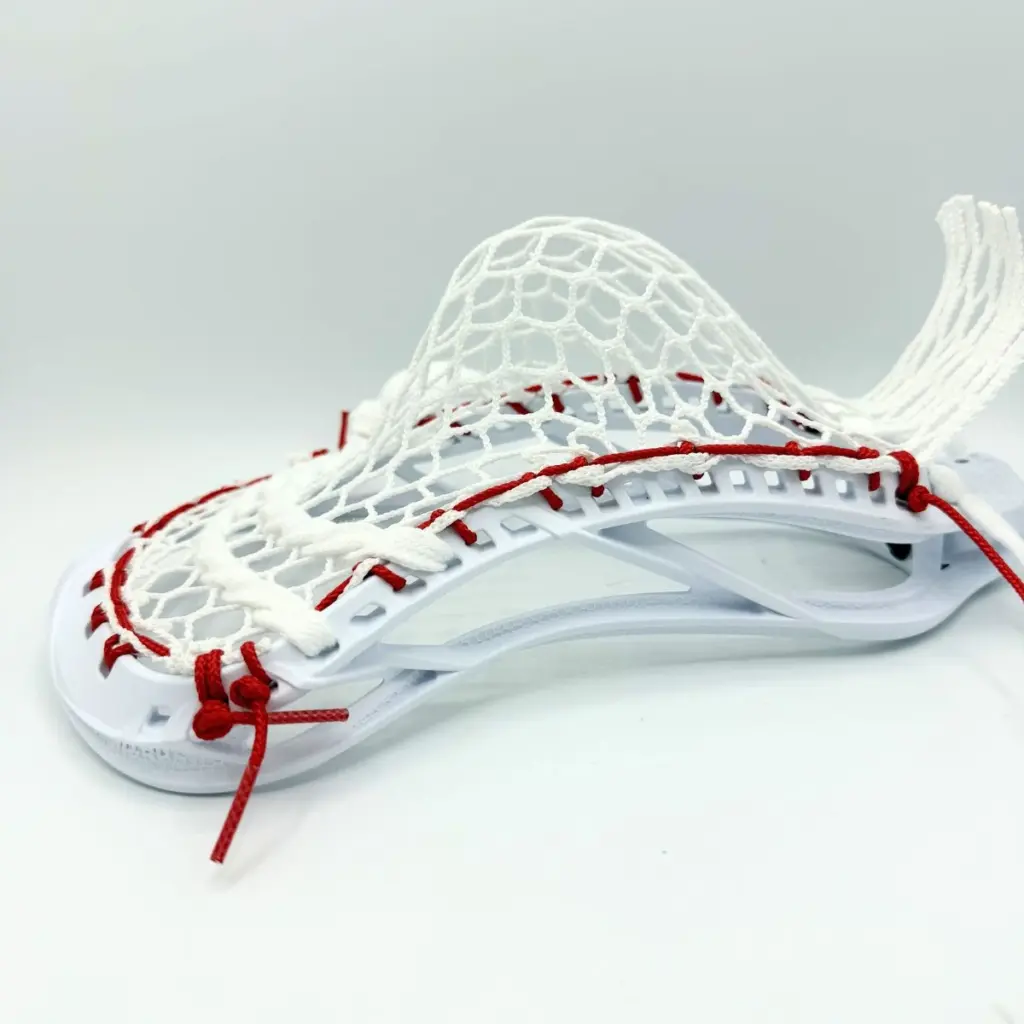 Maverik Optik Force lacrosse head - rear angle showing StringKing Type 5s mid pocket bottom string and scoop