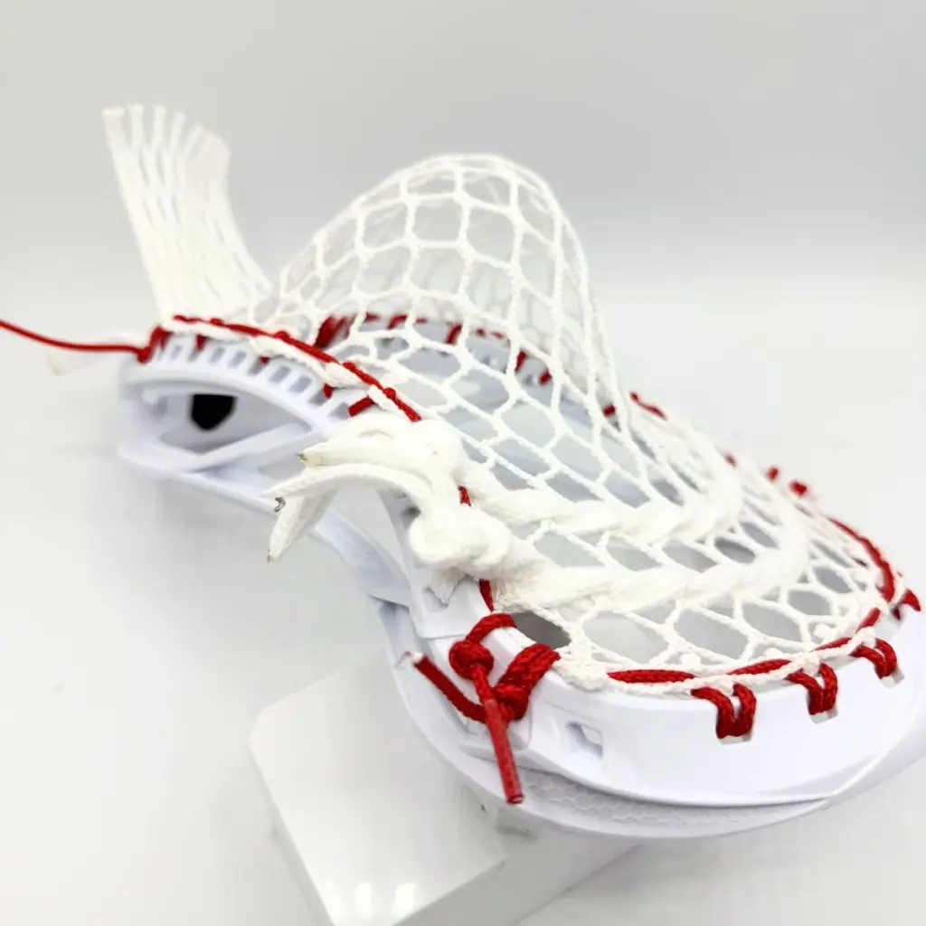 Maverik Optik Force lacrosse head strung with StringKing Type 5s mesh mid pocket - angled front view showing pocket depth