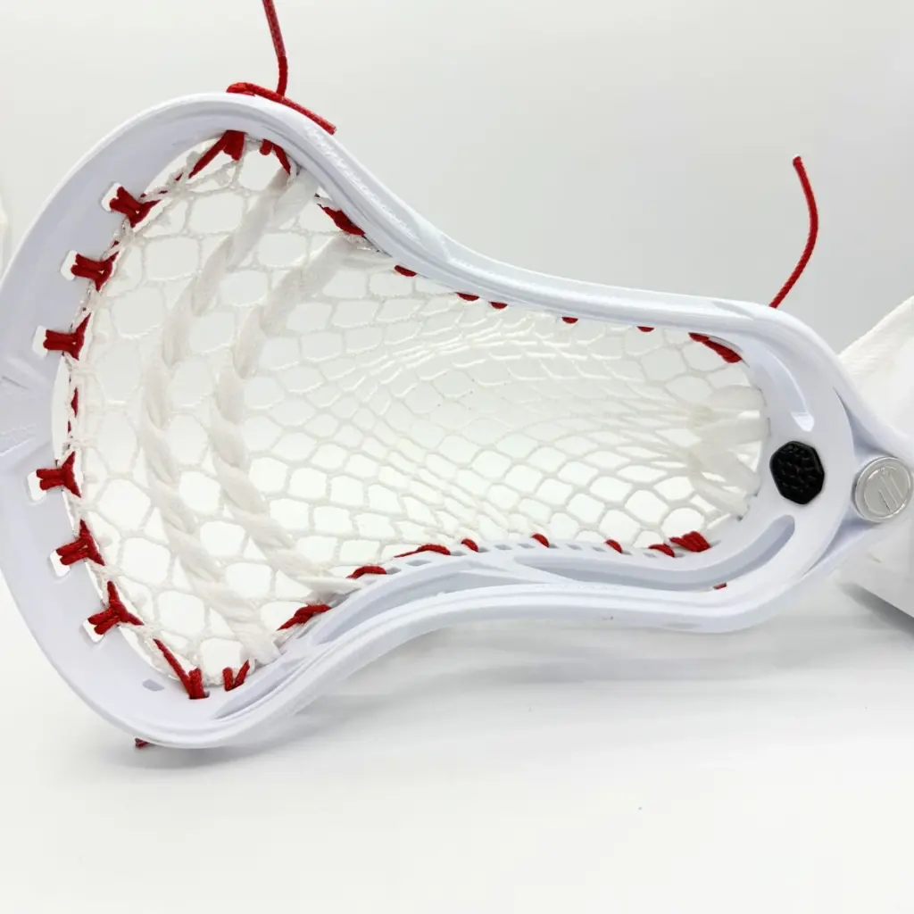 Maverik Optik Force lacrosse head stringing - face view showing StringKing Type 5s mesh with red sidewall string pattern