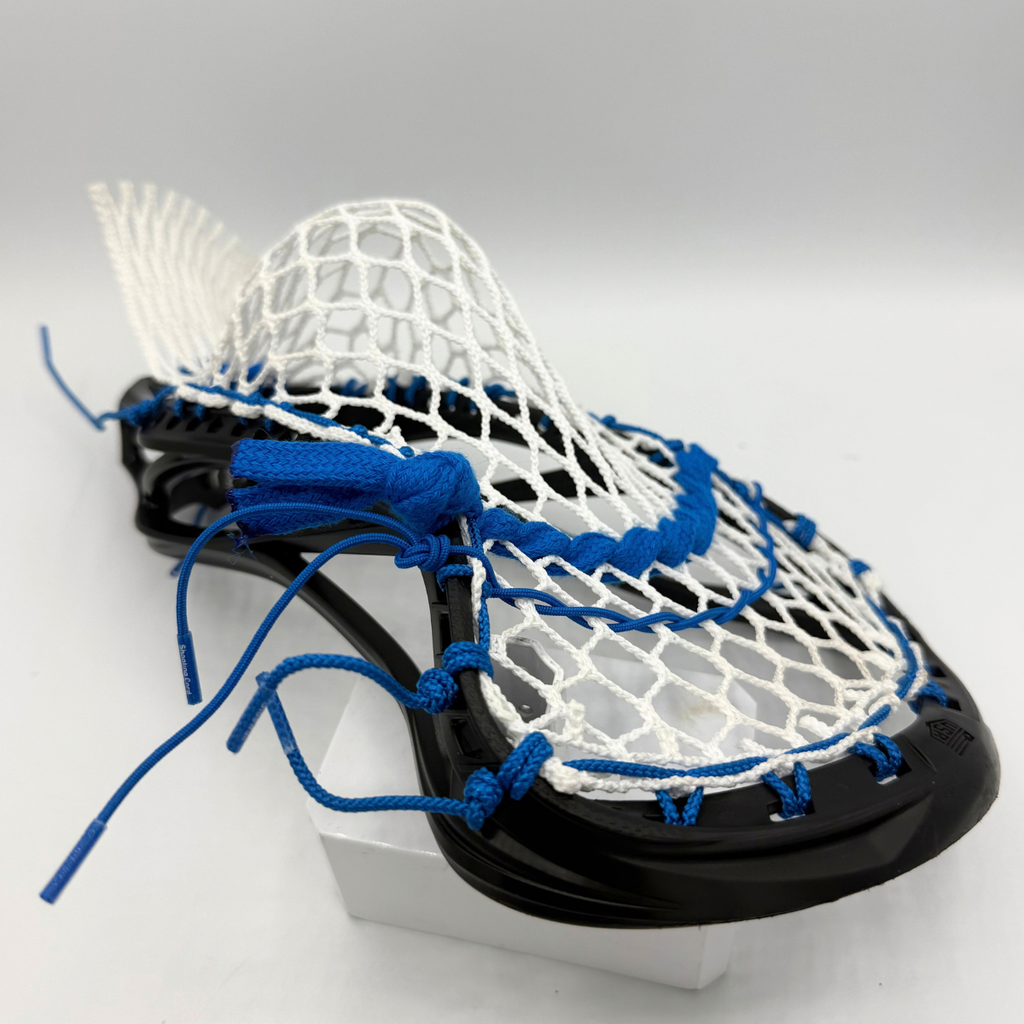 maverik kinetik 3.0 low pocket strung with white stringking type 5s mesh and royal blue strings, side view