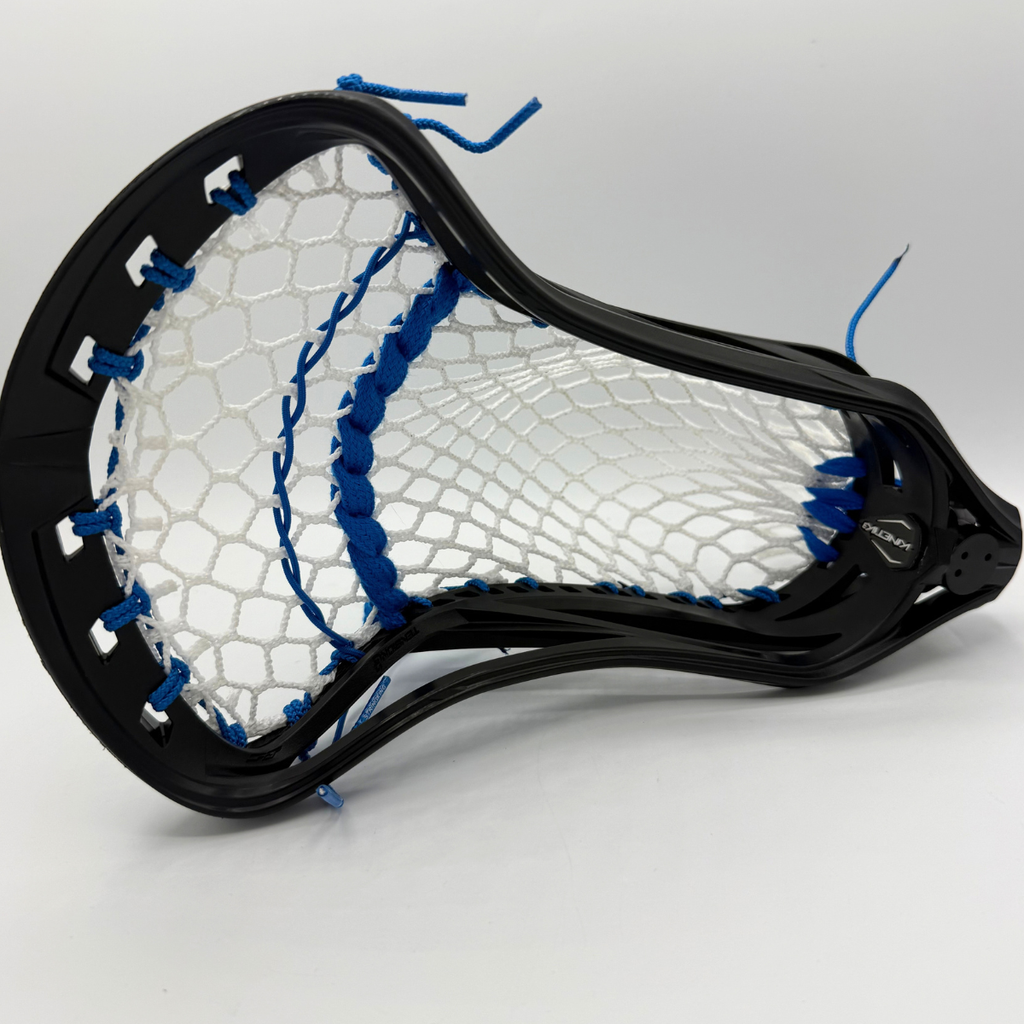 face view of a black maverik kinetik 3.0 with stringking type 5s mesh and royal blue shooting strings