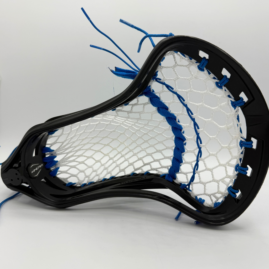 back view of a maverik kinetik 3.0 strung with white stringking type 5s mesh, showing the low pocket channel