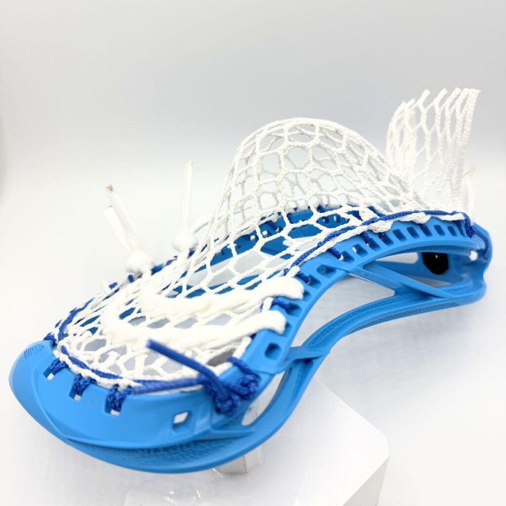 Maverik Optik Force lacrosse head with ECD Hero 4 Semi-Soft mid pocket - full side profile showing blue head and white mesh
