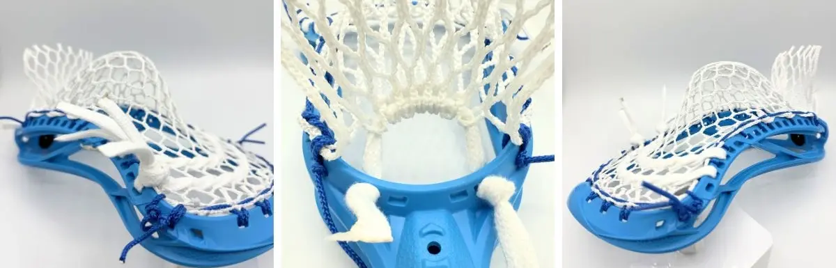 Maverik Optik Force lacrosse head strung with ECD Hero 4 Semi-Soft mesh mid pocket - three angle view showing blue head with white mesh and blue sidewall string
