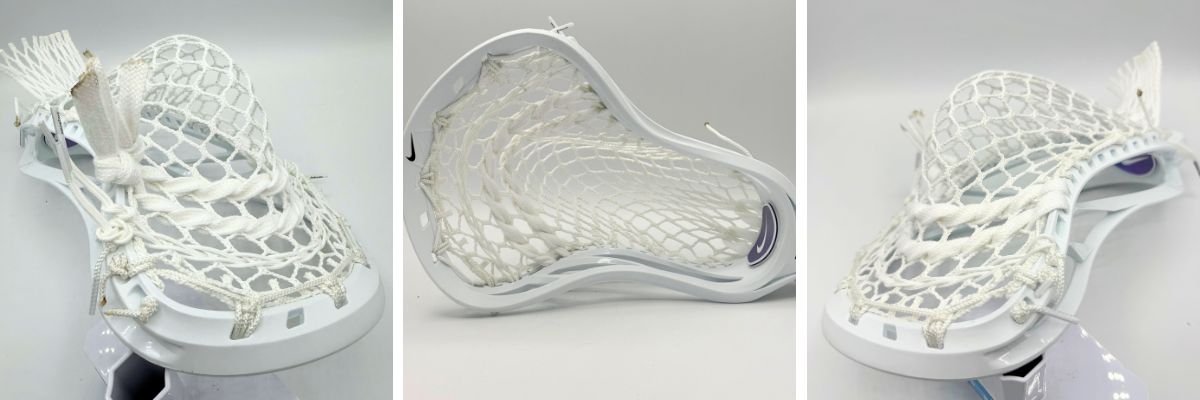 white nike l3 lacrosse head with mid-high pocket, strung with white stringking 4s mesh and white stringking strings