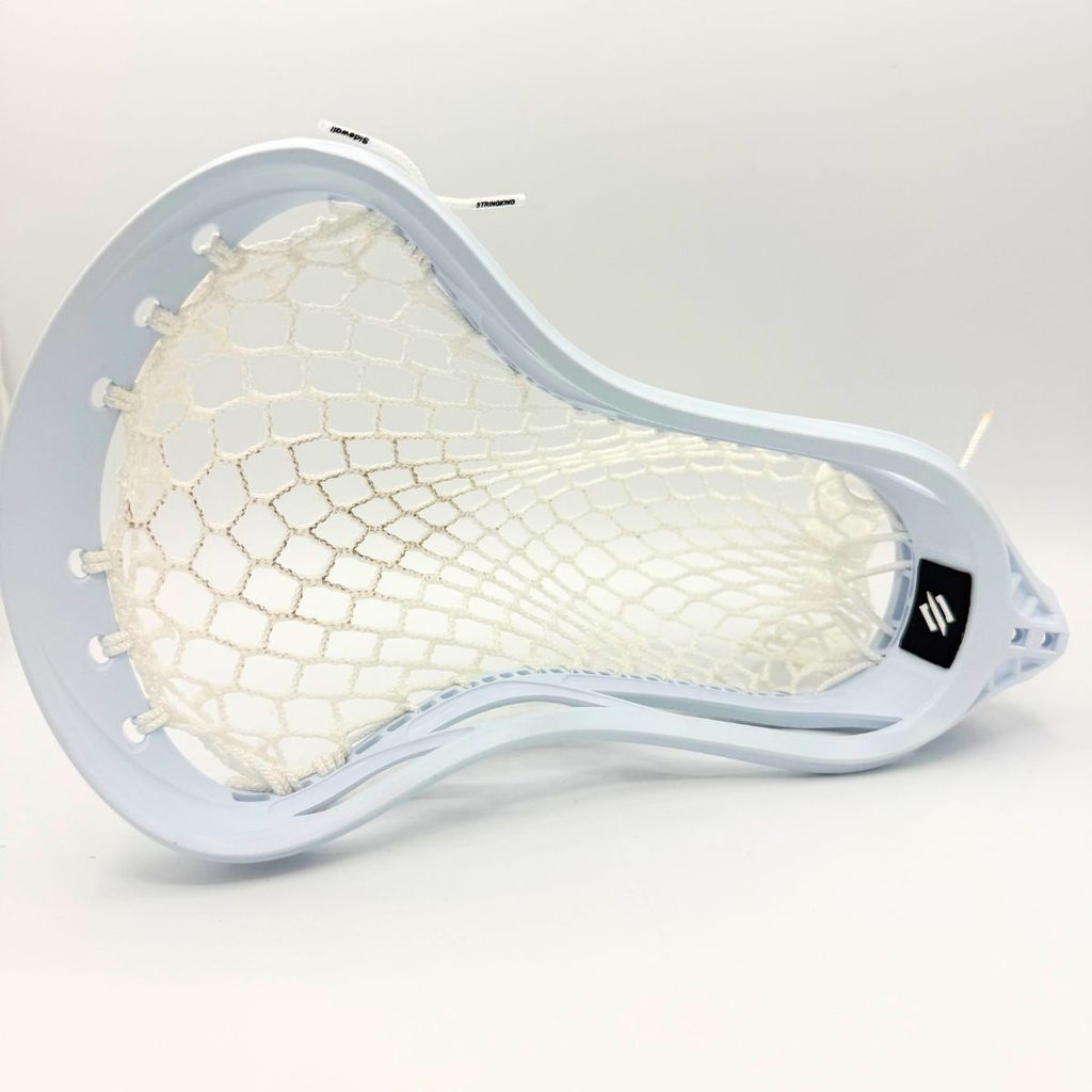 front view of white stringking mark 2f faceoff head strung with white ecd hero x semisoft mesh in a low pocket