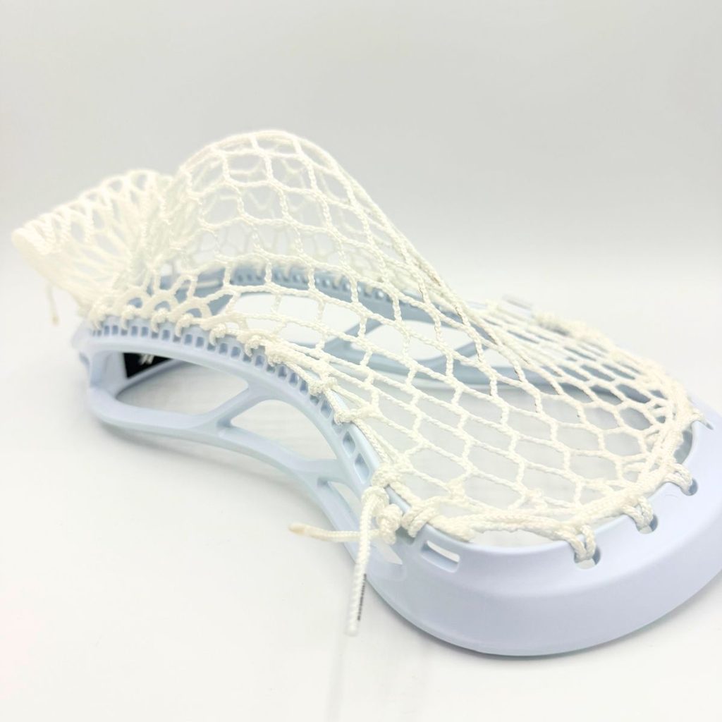 angled view of allwhite stringking mark 2f strung with ecd hero x semisoft faceoff mesh