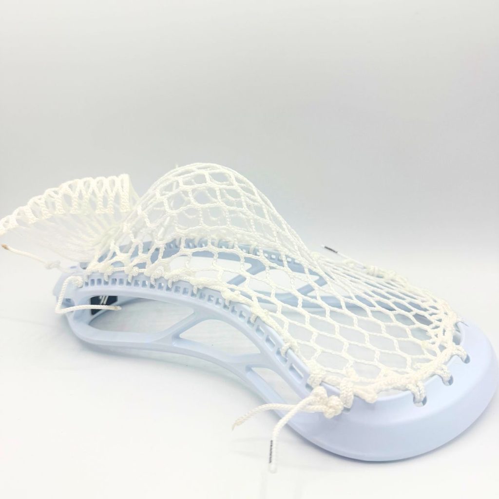 angled view of stringking mark 2f midlow faceoff pocket in ecd hero x semisoft mesh with white sidewall