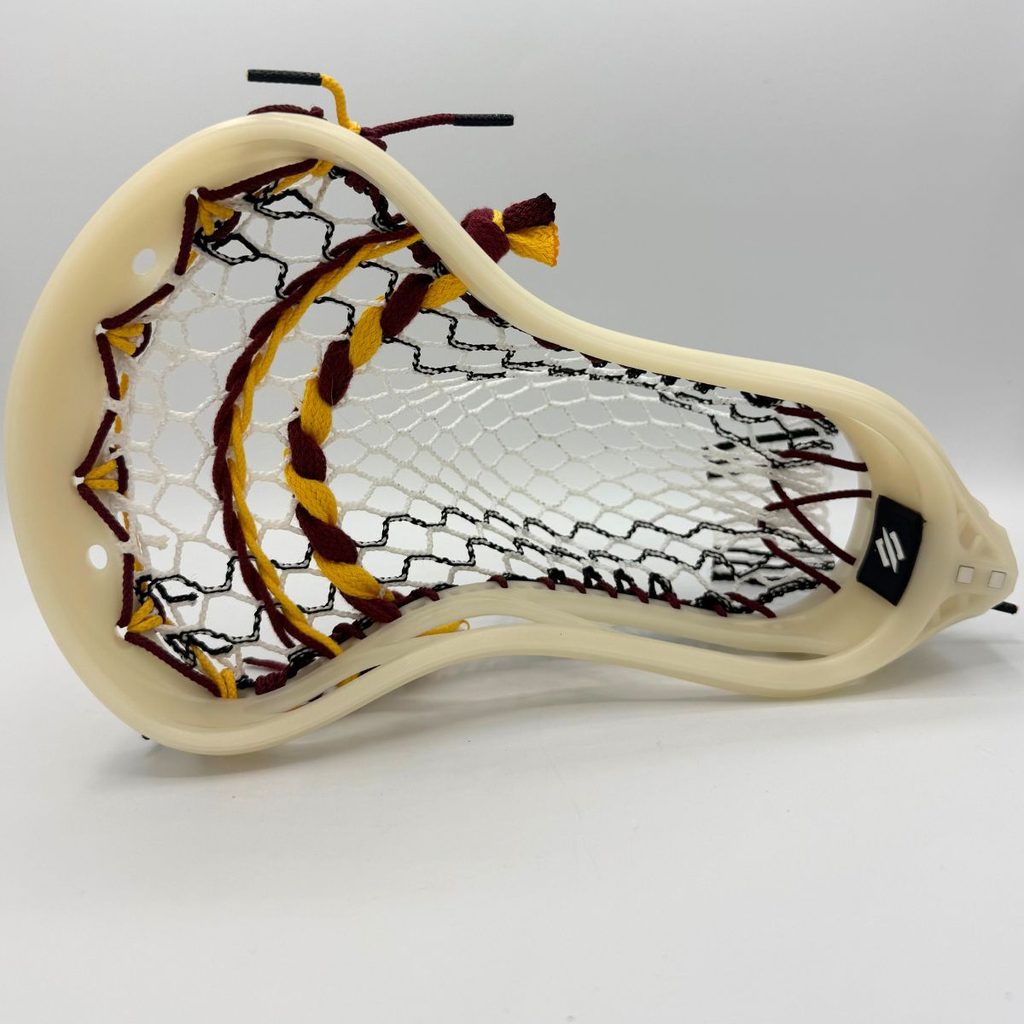 face view of a stringking mark 2f with hero 4.0 mesh and maroon and gold shooting strings