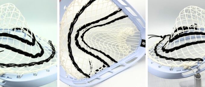 close-up of a stringking mark 2g lacrosse goalie head strung with ecd impact semi-soft mesh, showcasing its deep pocket, channel definition, and optimized mesh tension for elite rebound control