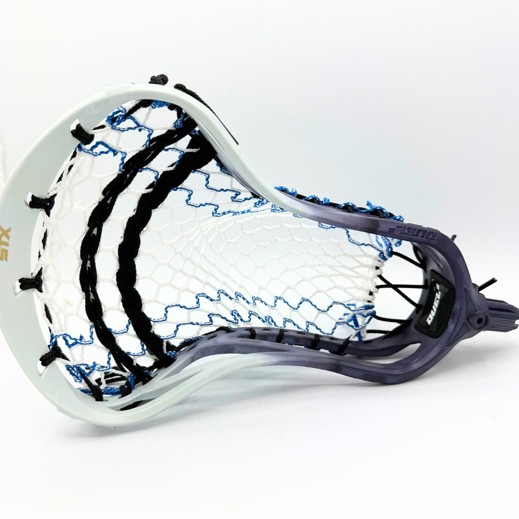 face view of an stx duel iii faceoff head with hero 4.0 mesh pocket and three black shooting strings