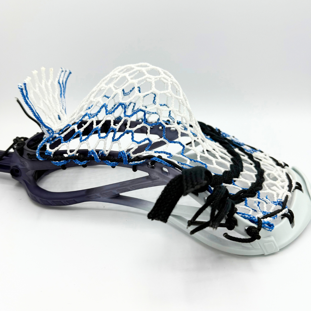 stx duel iii strung with white, blue and black hero 4.0 semisoft mesh, midlow faceoff pocket side view