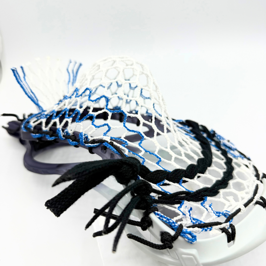closeup of black shooting strings and sidewall knots on an stx duel iii faceoff pocket