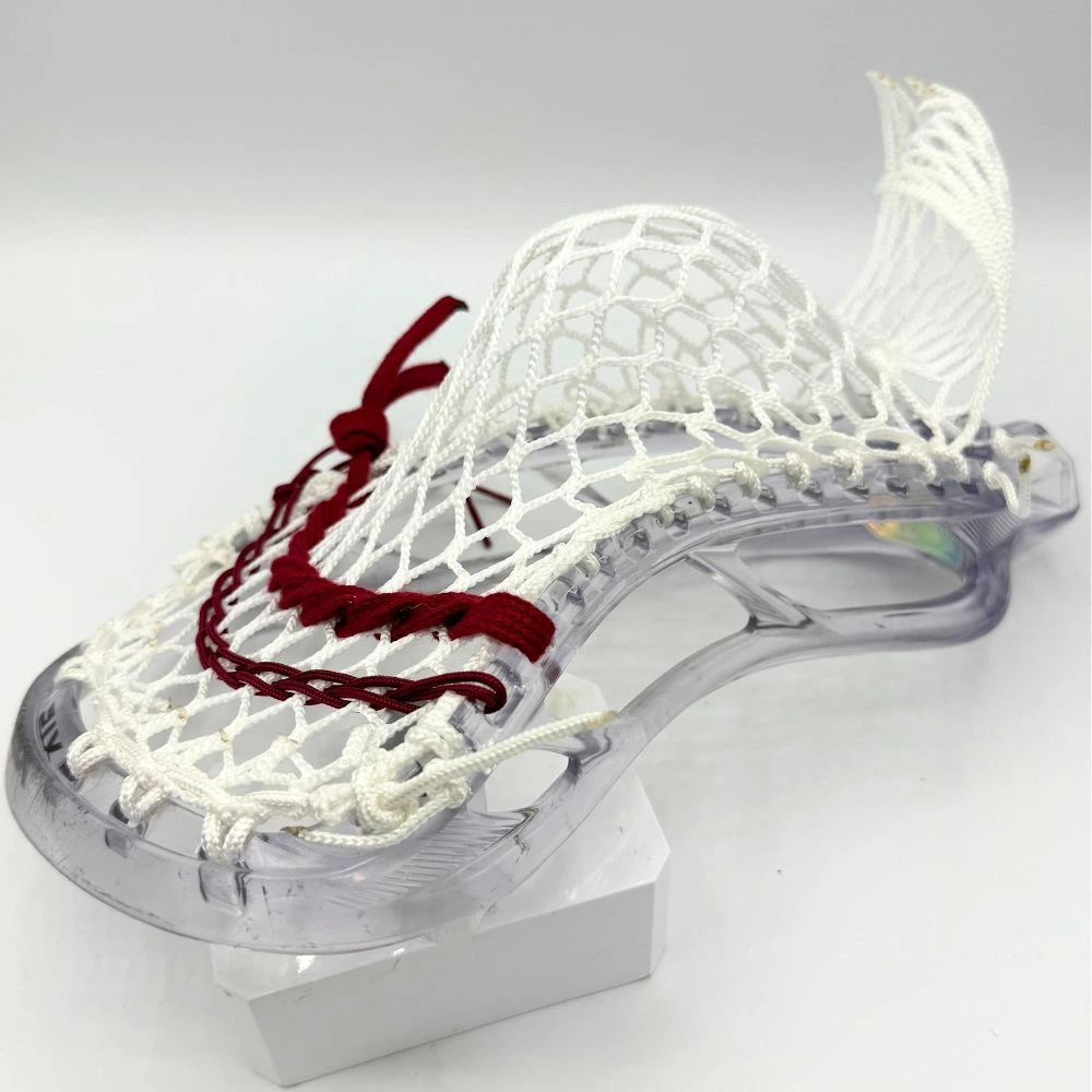 clear stx stallion prism lacrosse head with white sidewalls, white g3 ultralight mesh, and maroon shooting strings from laxroom