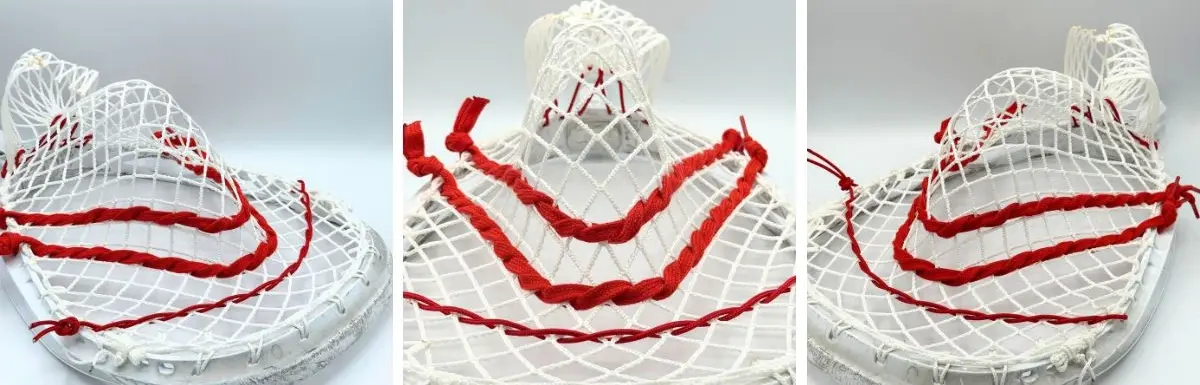 stx eclipse 3 lacrosse goalie head strung with white stringers shack g3 12d mesh, red shooting strings from laxroom, and red stringers shack bottom string and nylon.