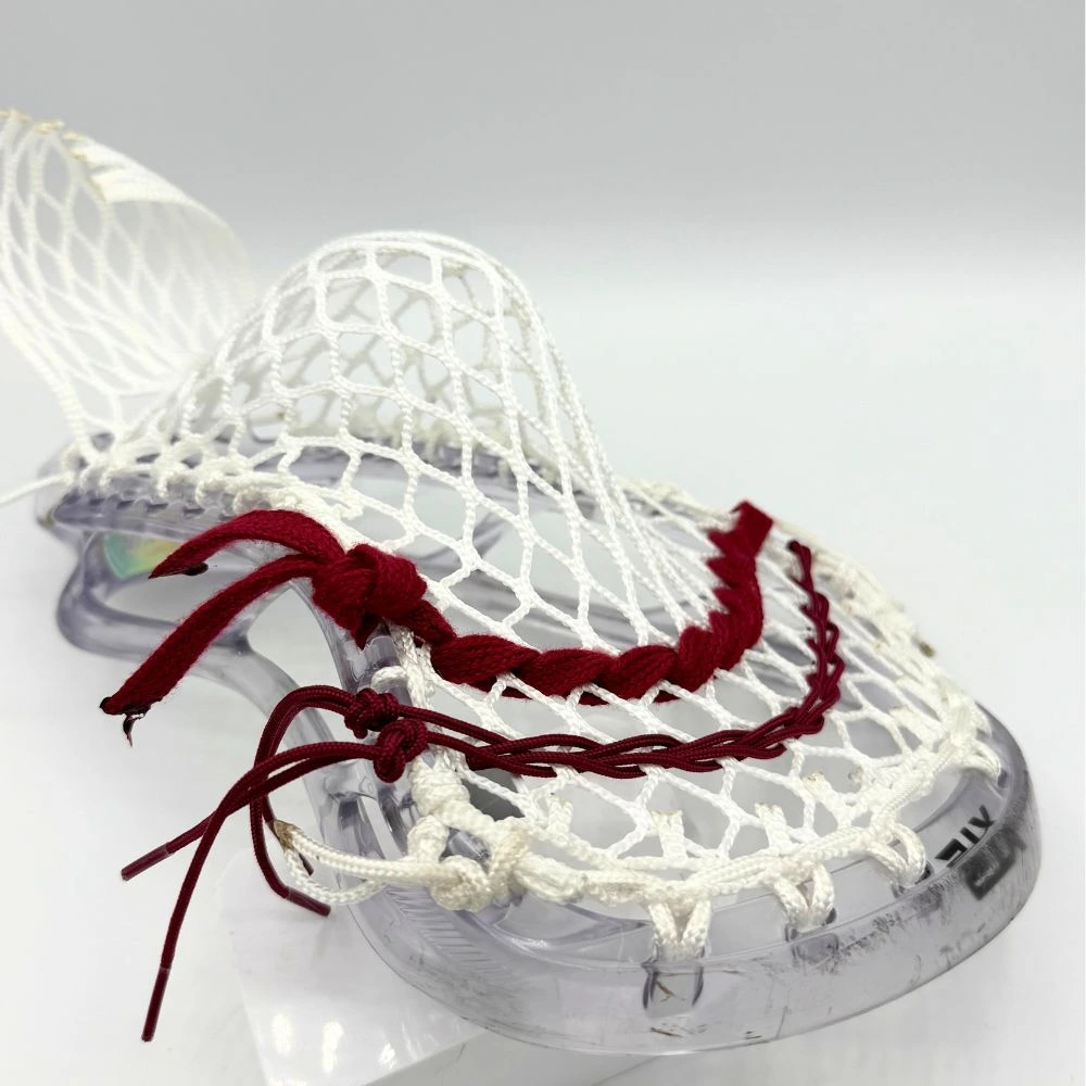 clear stx stallion prism lacrosse head with white sidewalls, white g3 ultralight mesh, and maroon shooting strings from laxroom