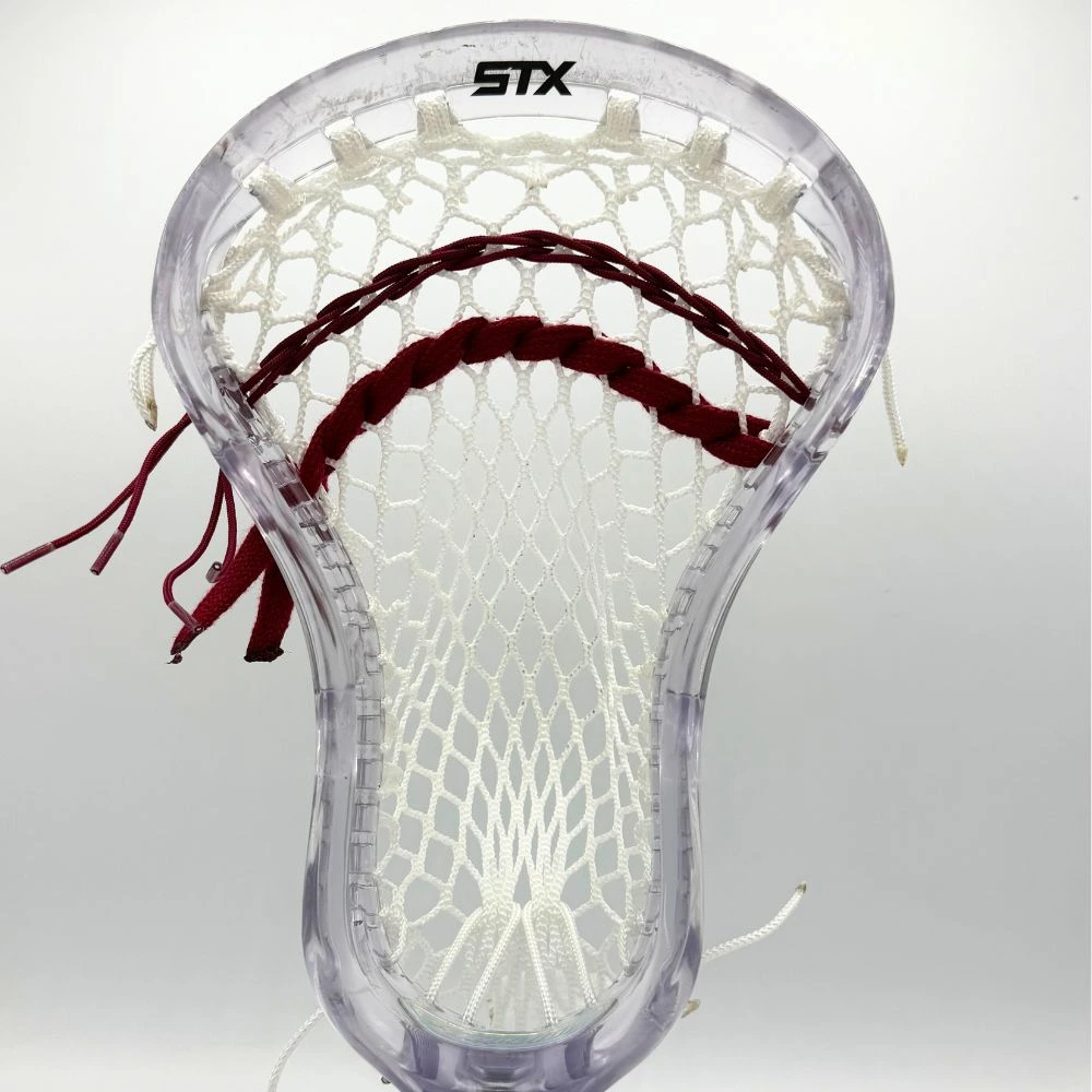 clear stx stallion prism lacrosse head with white sidewalls, white g3 ultralight mesh, and maroon shooting strings from laxroom