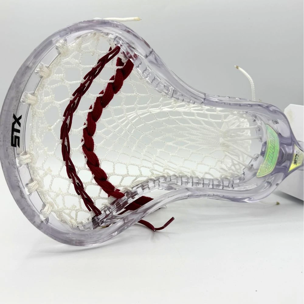 clear stx stallion prism lacrosse head with white sidewalls, white g3 ultralight mesh, and maroon shooting strings from laxroom