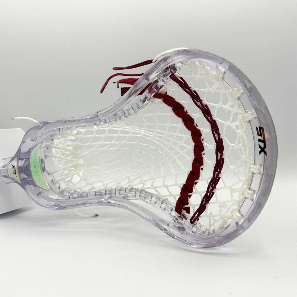 clear stx stallion prism lacrosse head with white sidewalls, white g3 ultralight mesh, and maroon shooting strings from laxroom