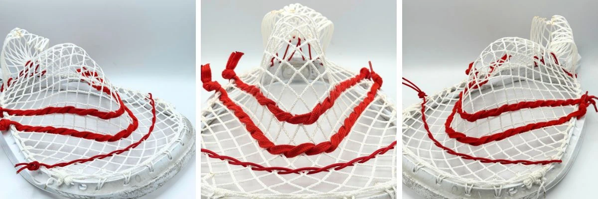 stx eclipse 3 lacrosse goalie head strung with white stringers shack g3 12d mesh, red shooting strings from laxroom, and red stringers shack bottom string and nylon.